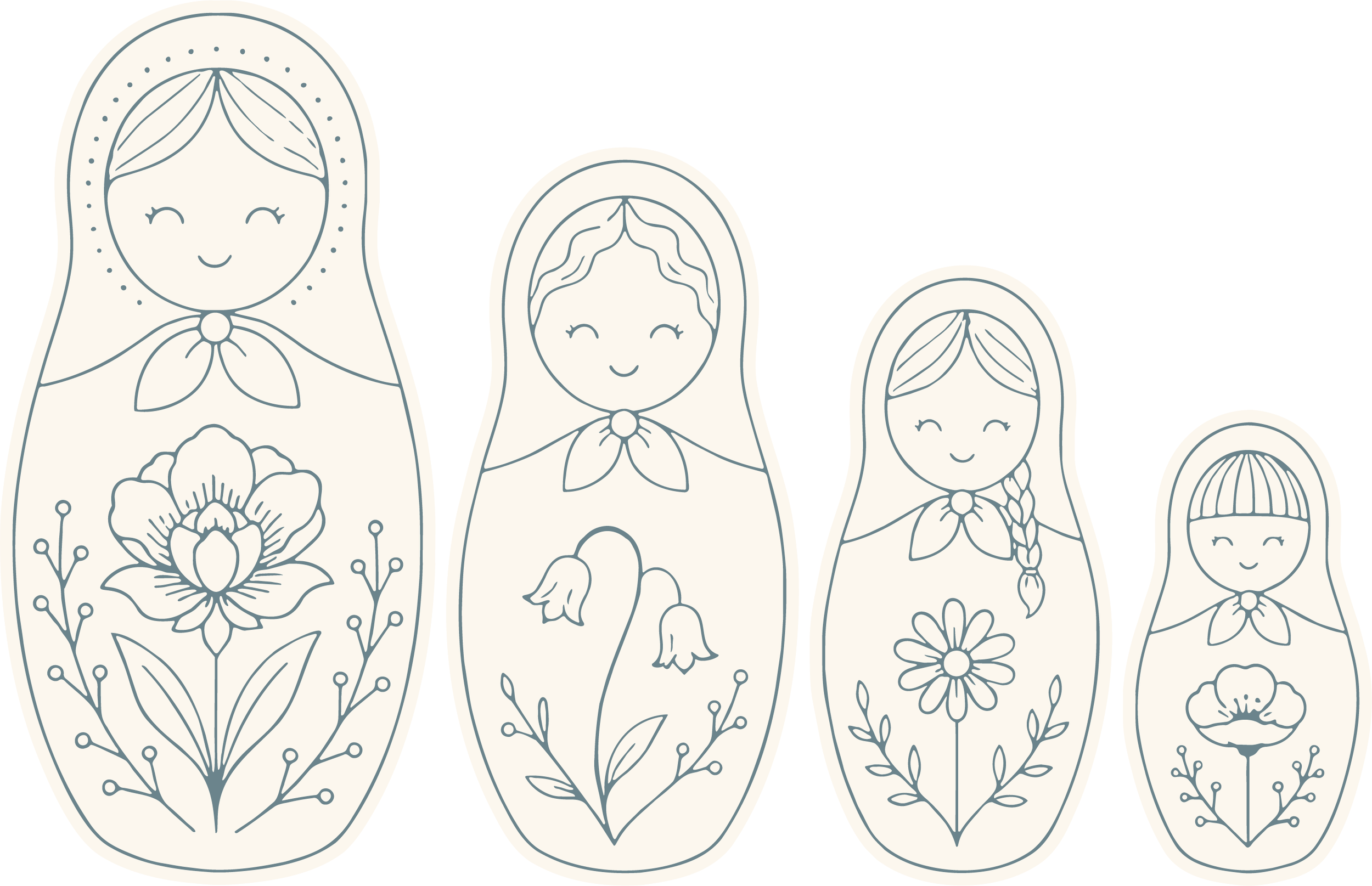 Line drawing of five decorative nesting dolls with floral and human face designs, each with a unique pattern.