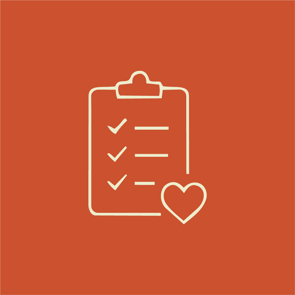 Outline of a clipboard with three checkmarks and a heart on a reddish-brown background.