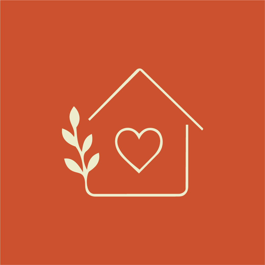 Outline of a house with a heart inside, a leaf on the side, on a rust-colored background.