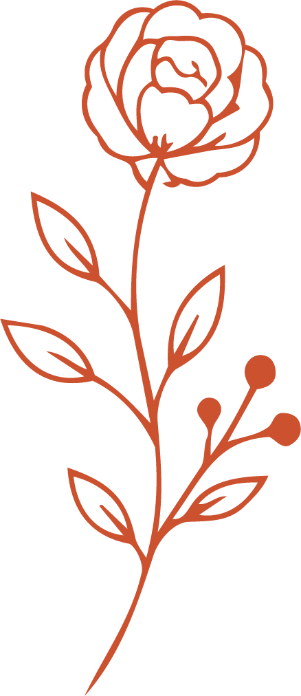 Outline of a flower with a blooming rose, leaves, and small buds, in a minimalist line art style.