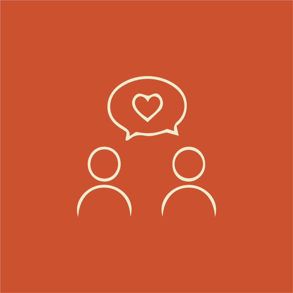 Two outlined figures with a speech bubble containing a heart between them, on a solid orange background.
