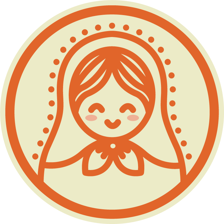 Cartoon of a smiling girl with long hair, cheeks blushed, wearing a beaded head covering and a scarf.