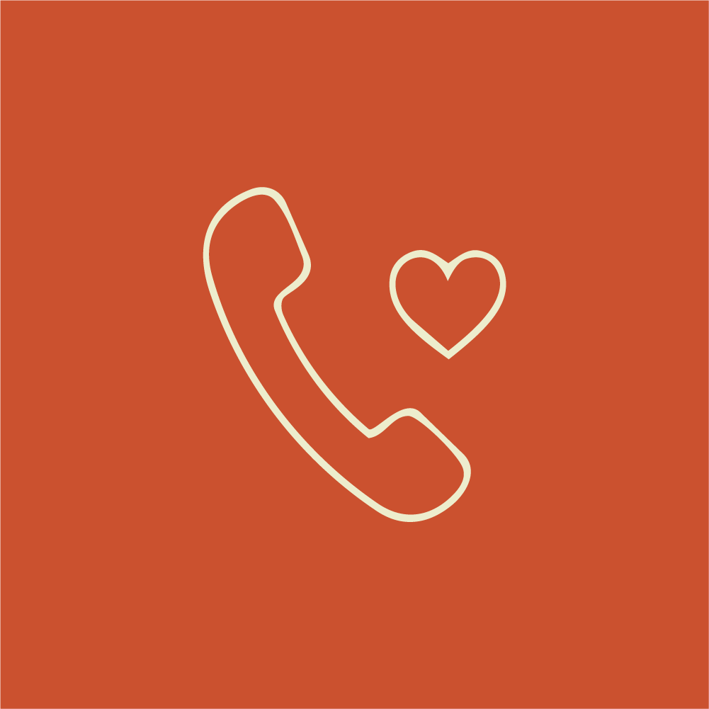 An icon of a telephone receiver with a heart symbol next to it on an orange background.