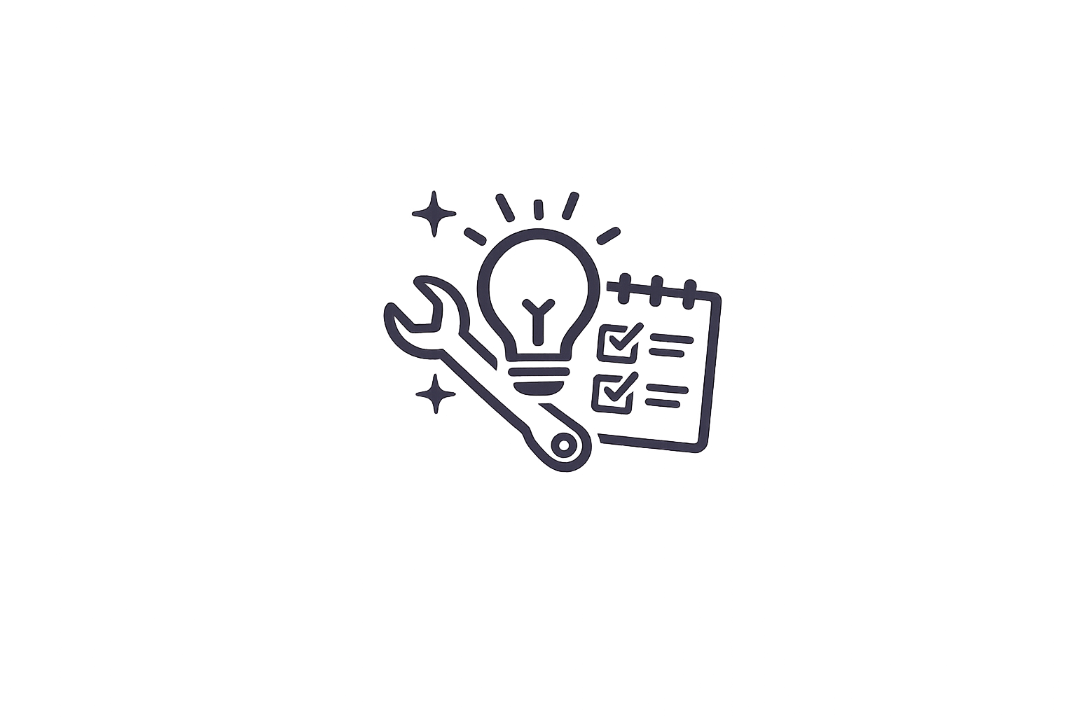 Outline icon of a light bulb, wrench, checklist, and sparkles representing ideas, tools, and planning.