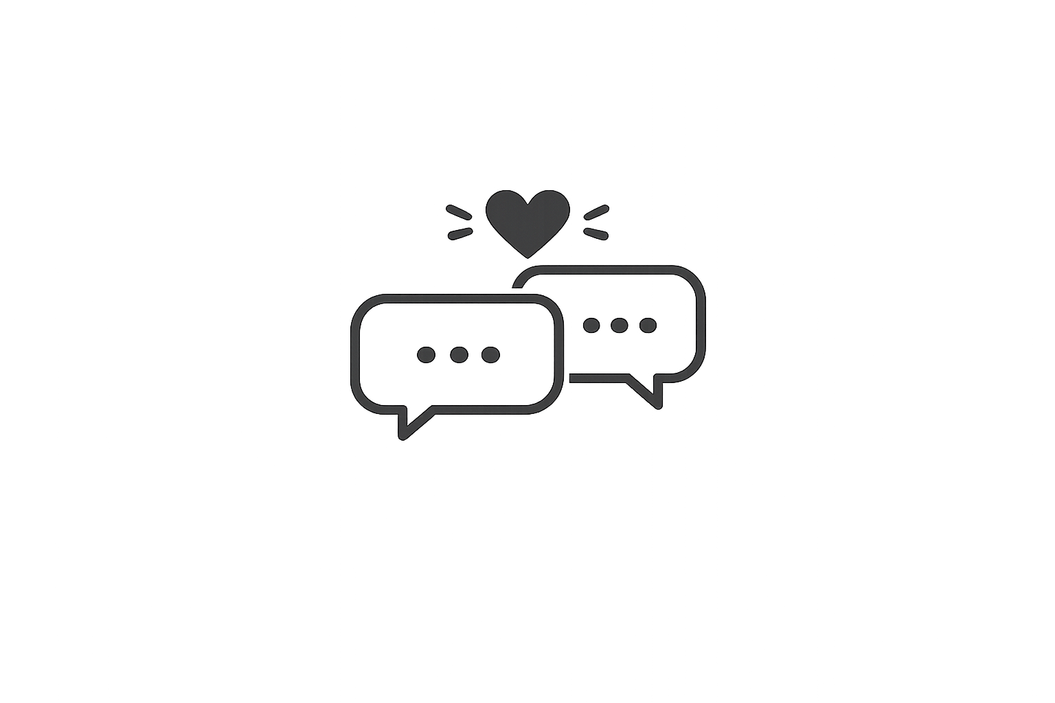 Two speech bubbles with ellipses inside, a heart above the bubbles, and lines indicating emphasis around the heart, representing communication and affection.