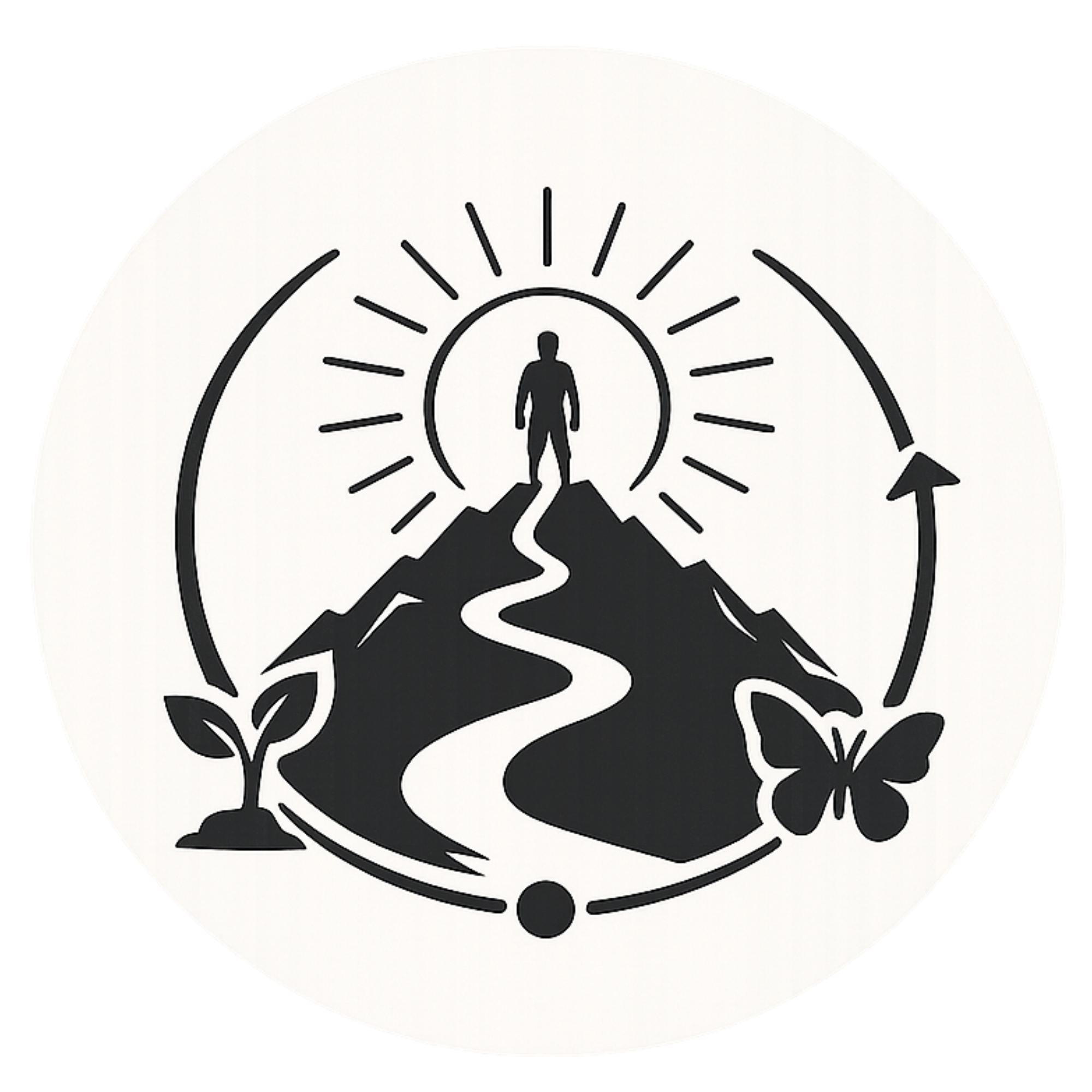 A black and white illustration of a human figure walking on a path that leads through mountains and a landscape, with rays emanating from the person. The image has a circular, clock-like border with a mountain motif at the bottom.