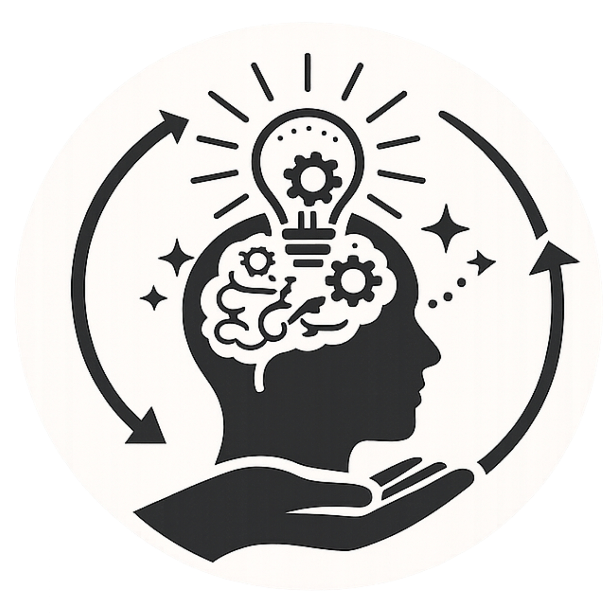 Illustration of a human head in profile with a light bulb symbol inside, surrounded by gears and sparkles, depicting ideas and innovation.