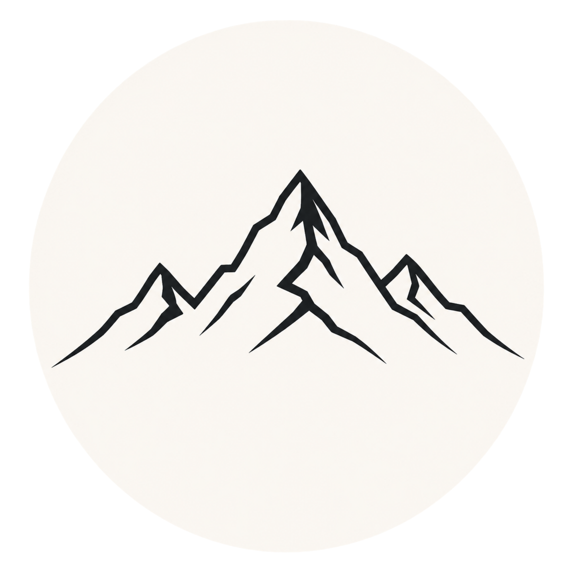 Black geometric mountain outline on a white circular background.