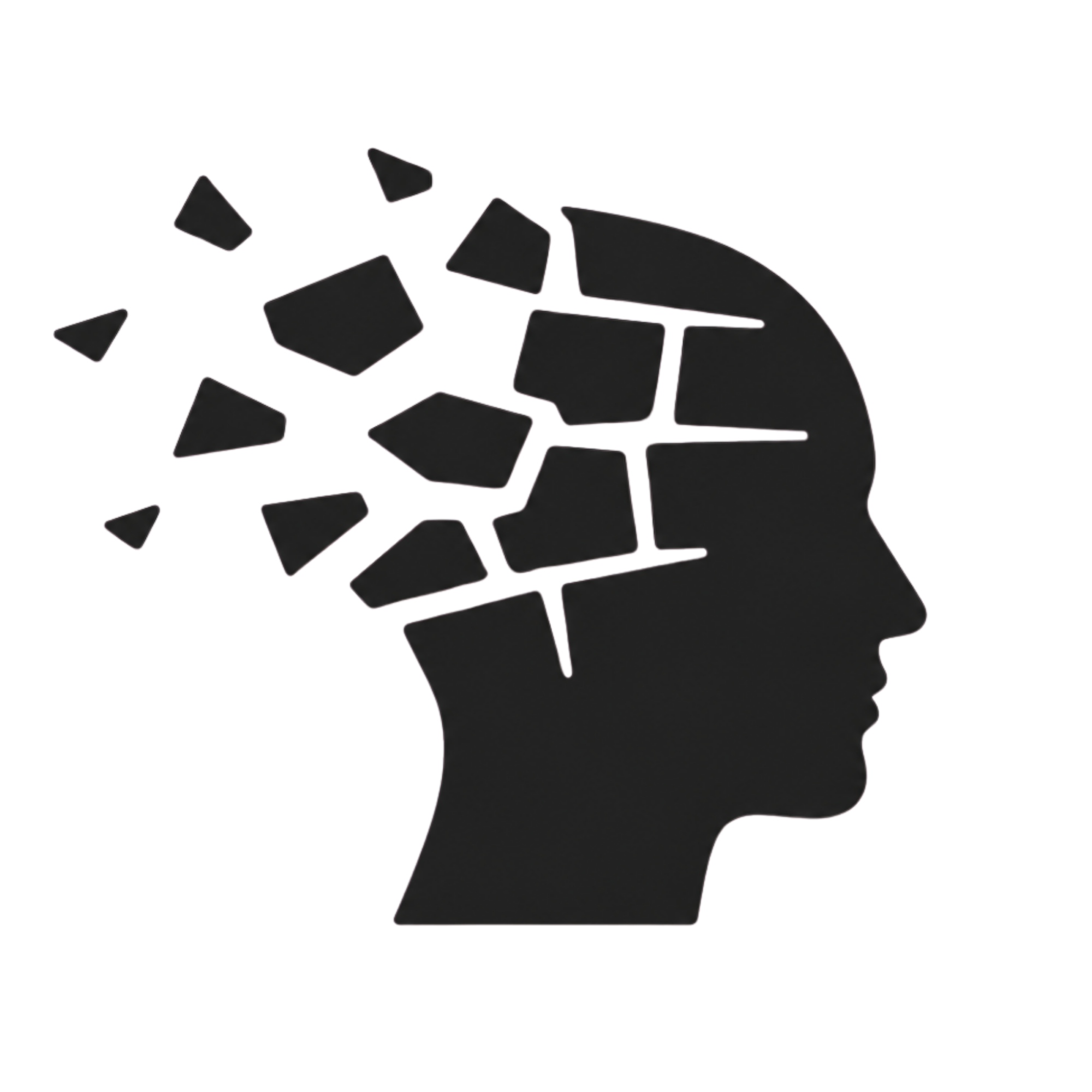 A silhouette of a person's head in profile view with black puzzle pieces scattered inside and around the head.