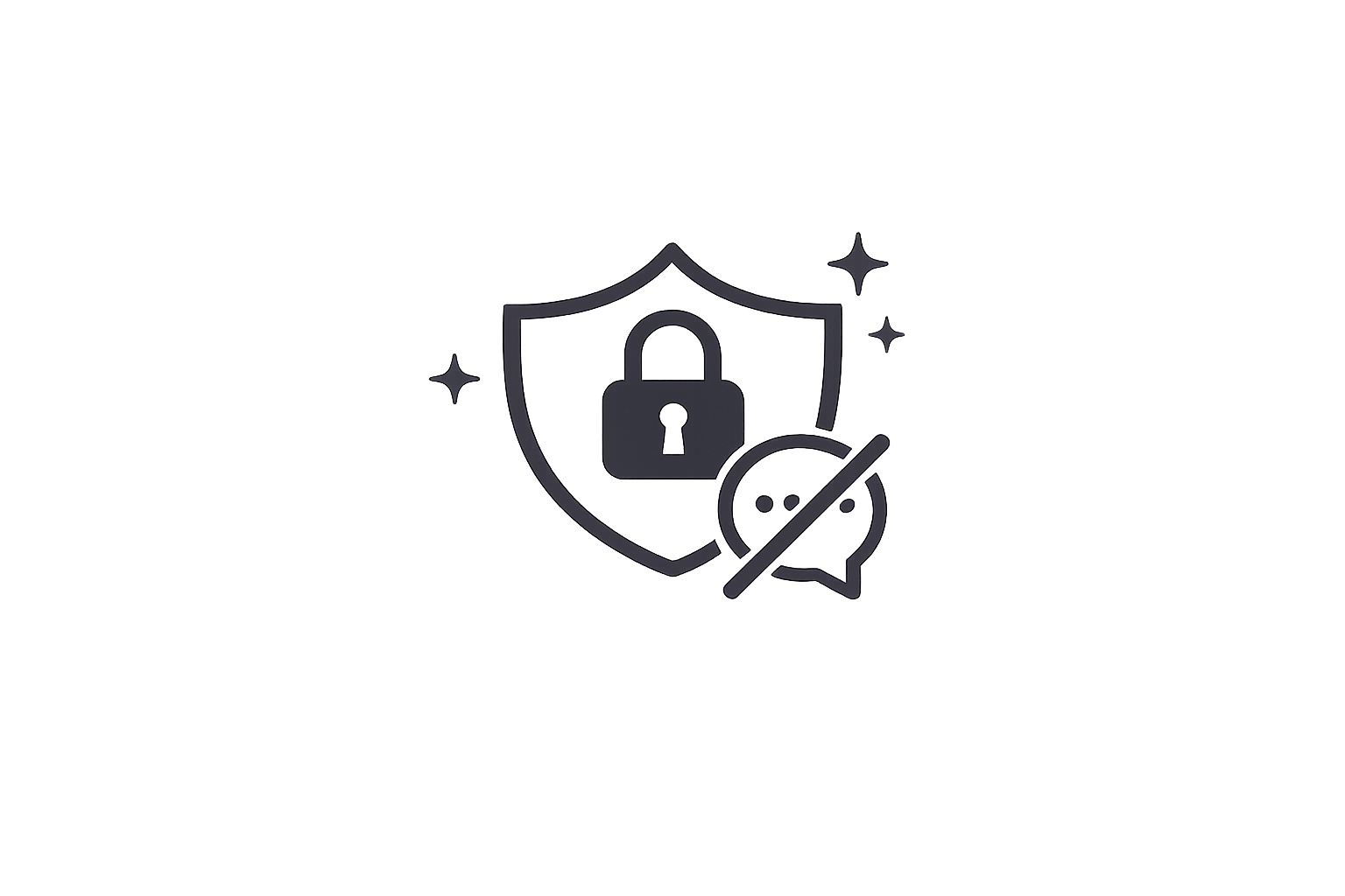 Security shield with a padlock icon, a speech bubble crossed out, and small sparkles around, symbolizing privacy and security.