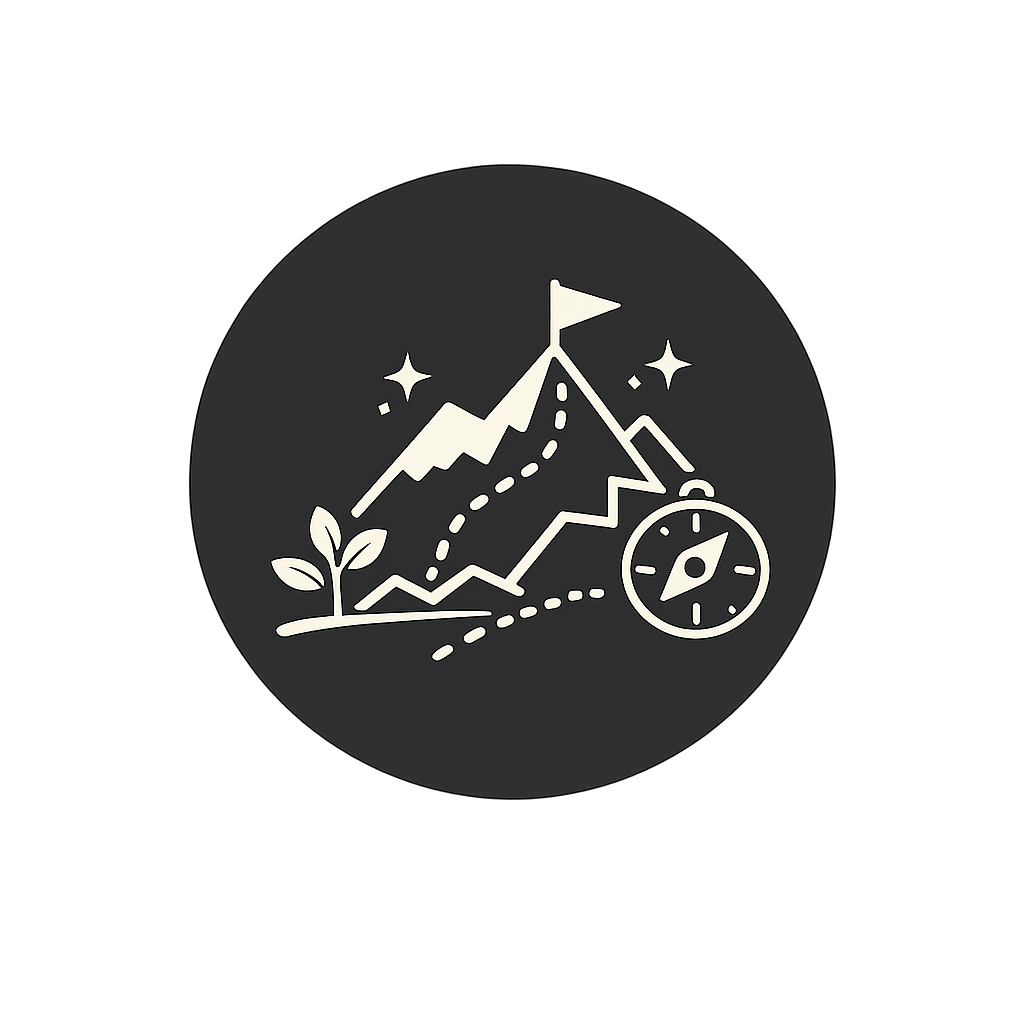 Line graph with a flag at the peak, a small plant, a dotted path, stars, and a compass, symbolizing growth and navigation.