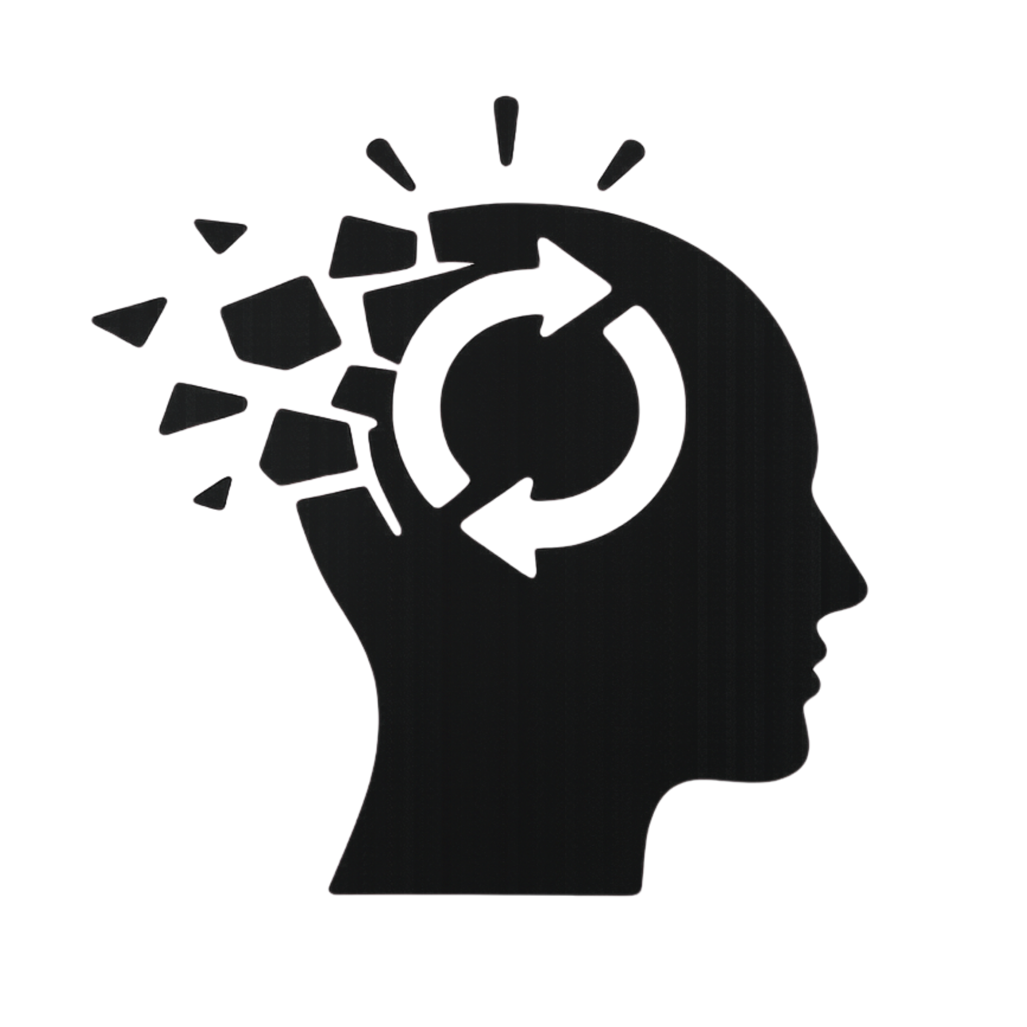 Silhouette of a human head with a gear in place of the brain, symbolizing thinking or innovation.