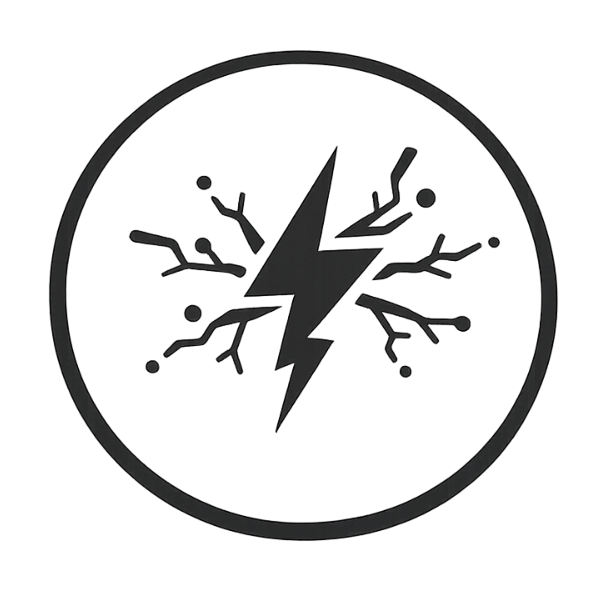 Close-up of a black circular logo with a lightning bolt, circuit lines, and two small dots inside, set against a dark background.