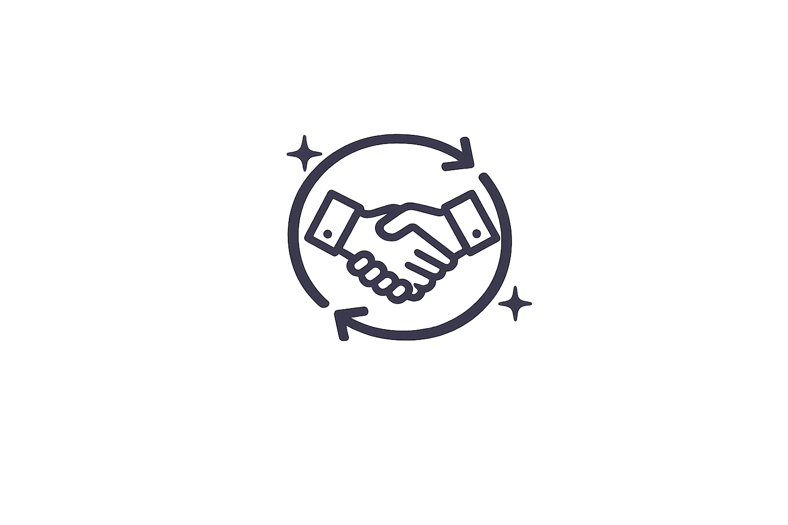 Icon of two hands shaking surrounded by two arrows forming a circle, with small spark symbols on either side.