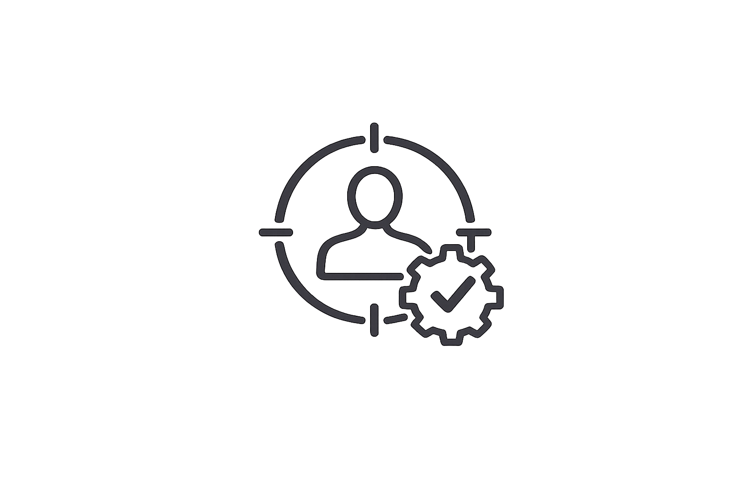 Outline icon of a person within a target circle, with a gear featuring a check mark in front, indicating user settings or profile management.