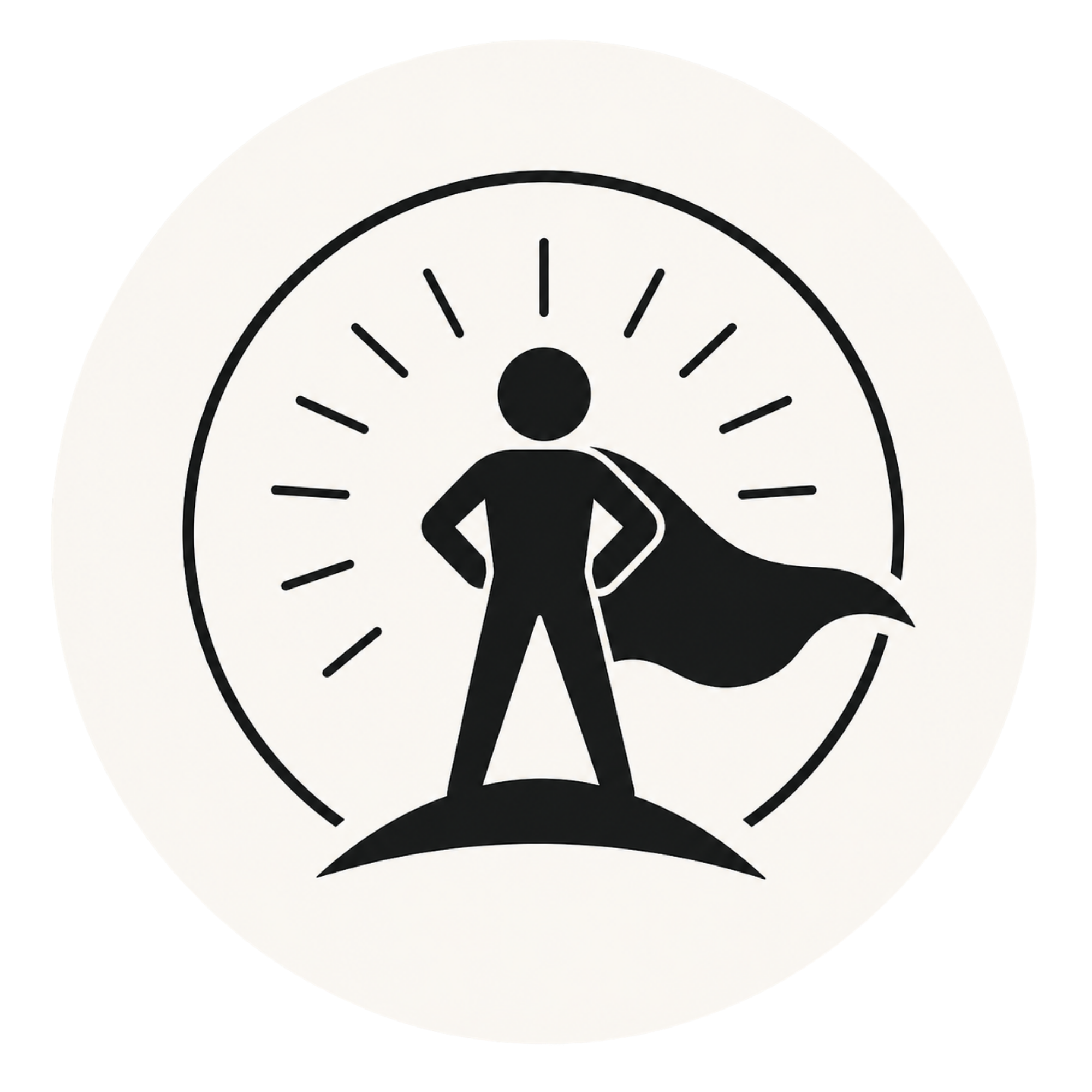 A white circular sign with a black silhouette of a person inside a black circle, with lines radiating outward, suggesting a symbol of a person or a human figure.