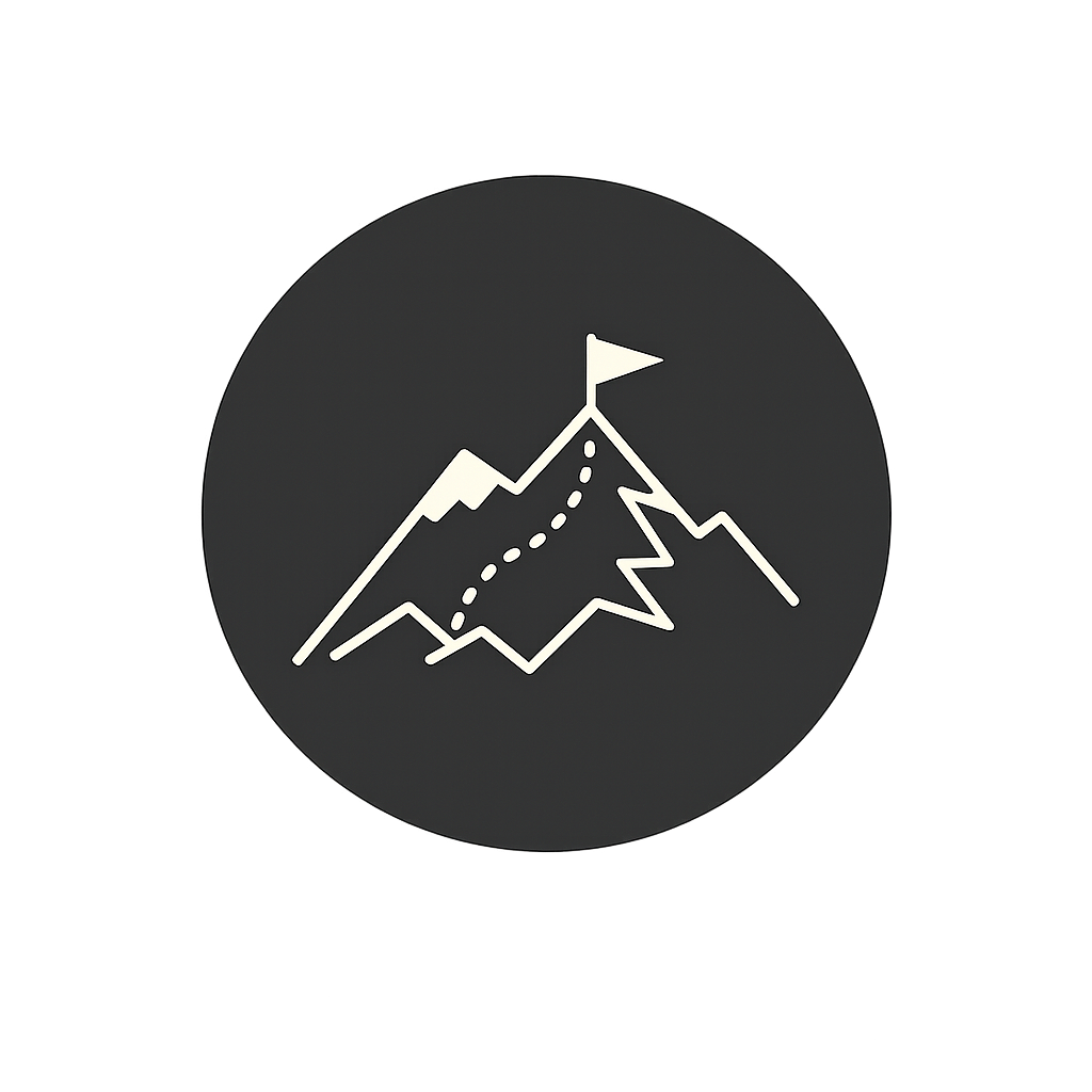 Icon of a mountain with a flag at the summit and a dotted path leading up to it, on a black circular background.