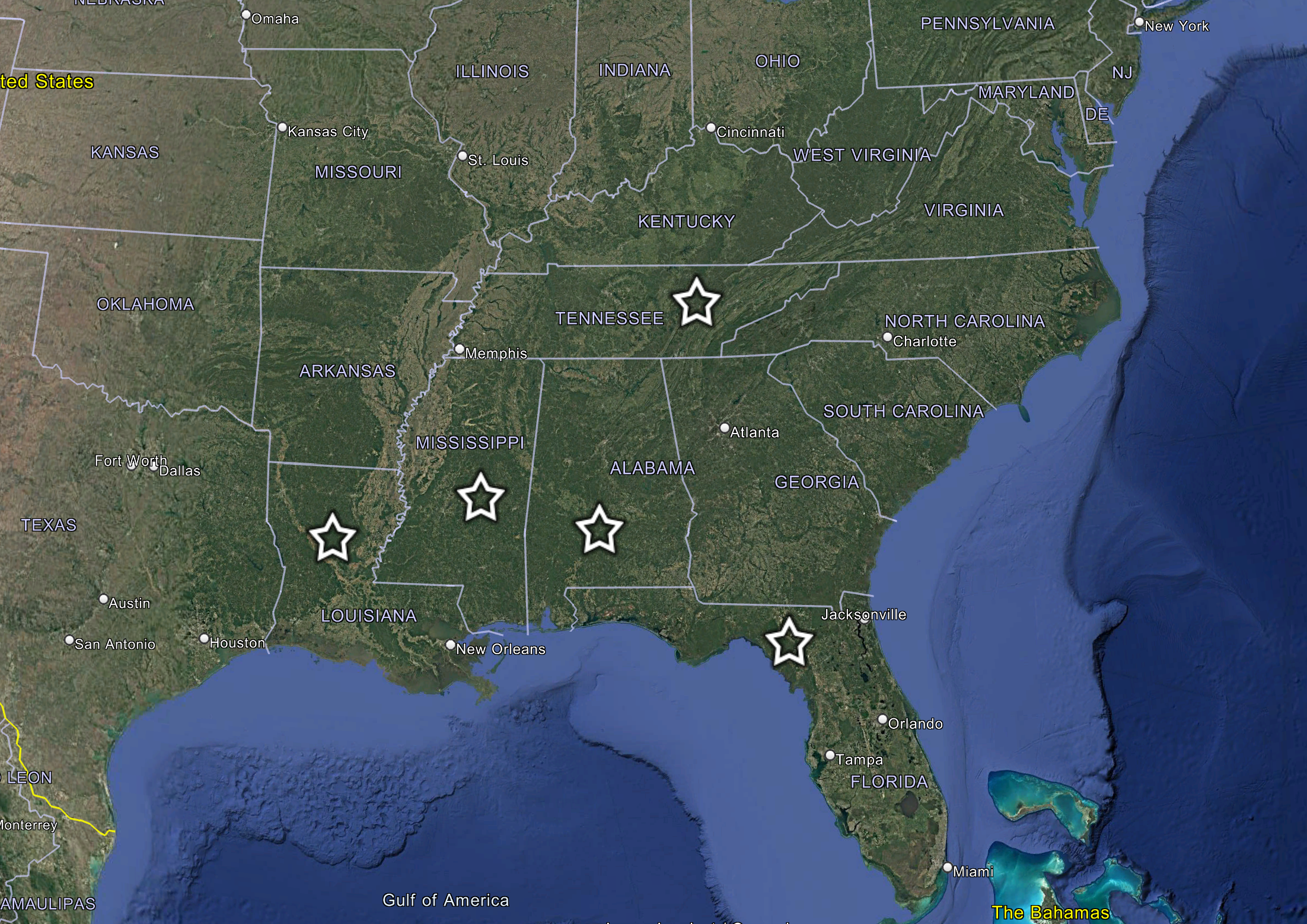 Map of the southeastern United States showing states and major cities with stars indicating specific locations.