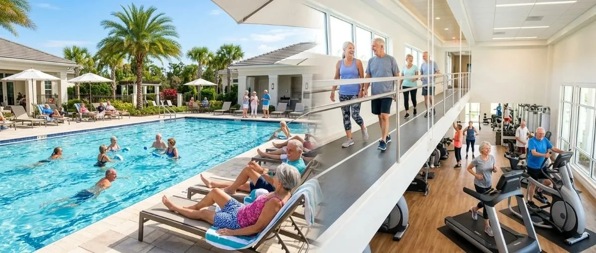 People enjoying a swimming pool and exercising in a gym at a wellness center.