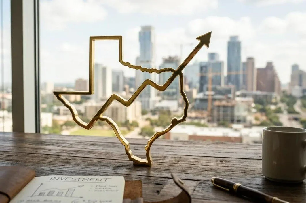 A Texas-shaped gold wire sculpture with an upward trending stock market arrow, placed on a wooden table in front of a city skyline window.