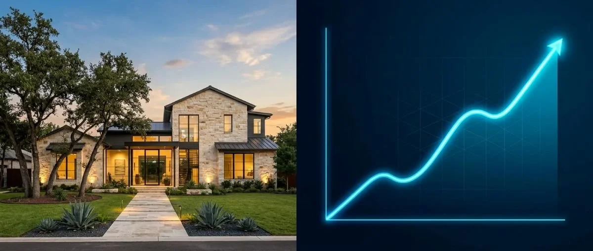 Split image showing a modern house at sunset on the left and a rising line graph on the right.