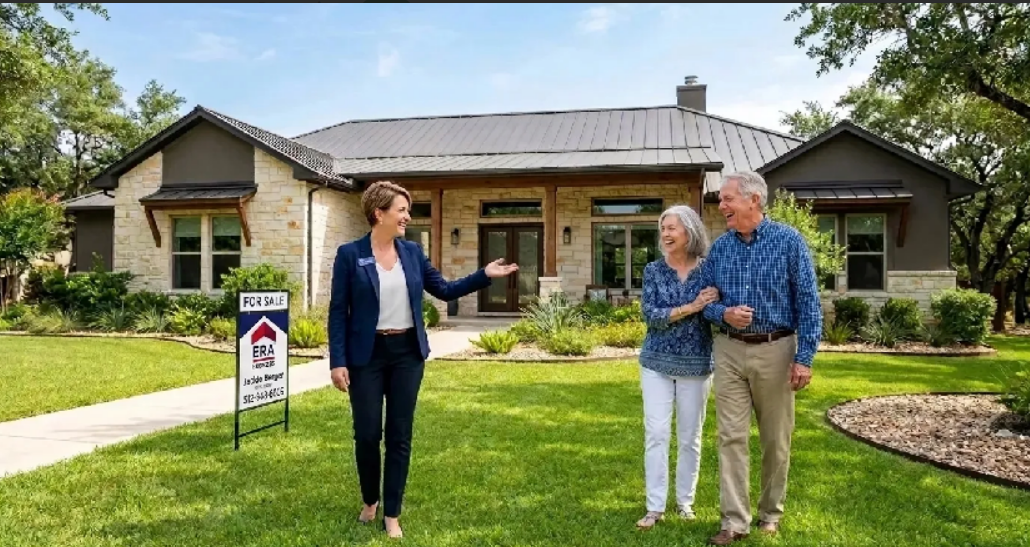 A real estate agent showing a house to an elderly couple in front of a modern house with a yard and a "For Sale" sign.