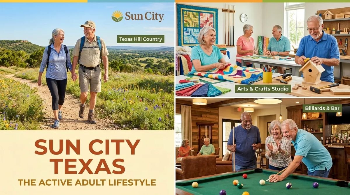Composite image featuring three scenes promoting Sun City Texas activities. The top left shows an older couple hiking through a scenic trail in Texas Hill Country. The top right depicts seniors inside an Arts & Crafts Studio working on a craft project, smiling and engaging. The bottom right shows seniors enjoying a game of billiards at a bar area, laughing and socializing. The layout includes the Sun City logo and text emphasizing an active adult lifestyle.