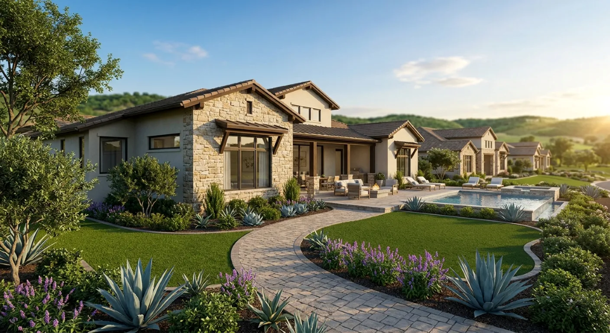 Luxury modern house with stone and stucco exterior, landscaped yard with trees, shrubs, and desert plants, a curved stone pathway, outdoor seating area, and a swimming pool, with rolling hills in the background and the sun setting.