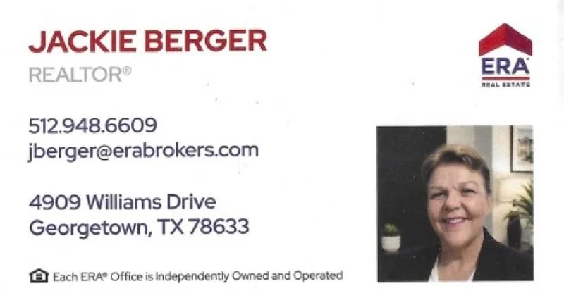 Business card for Jackie Berger, a realtor with ERA Real Estate, includes contact information and photo.