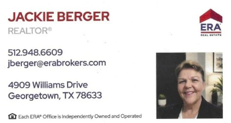 Business card for Jackie Berger, REATOR at ERA Real Estate. Includes contact information, office address in Georgetown, TX, and a photo of Jackie Berger.