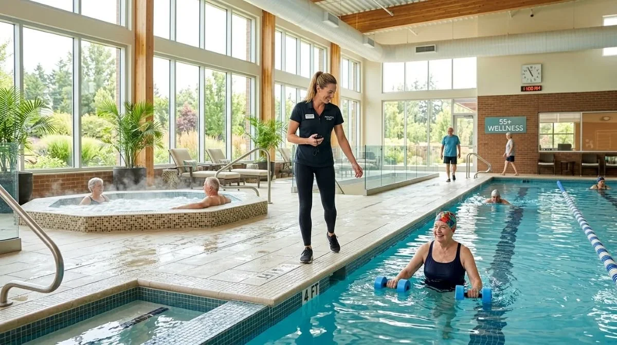 Women relaxing in hot tub and swimming pool at an indoor wellness center with large windows and natural light.