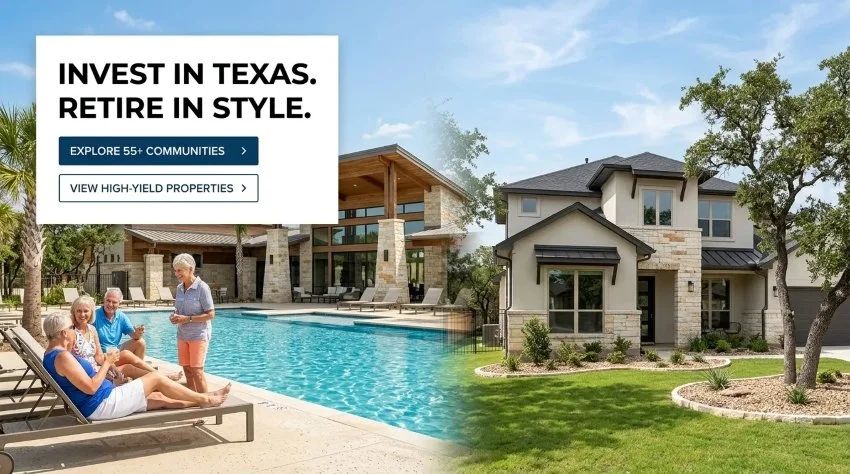 Text overlay reads 'Invest in Texas. Retire in Style.' with options to explore communities and view high-yield properties, over an image of a backyard with a swimming pool and a group of people relaxing, and a modern house with landscaped yard and trees.