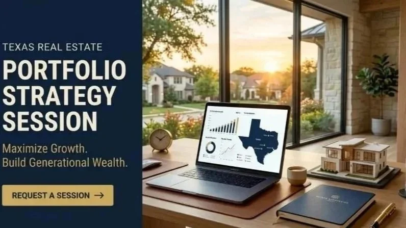 A laptop on a desk displays charts and a map of Texas, with a window showing a neighborhood during sunset. Text on the left promotes a Texas real estate portfolio strategy session with a 'Request a Session' button.
