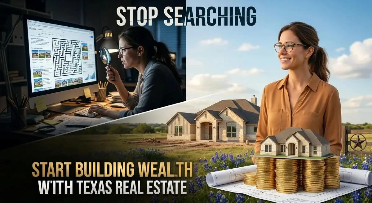 A split image with a woman using a magnifying glass to study a computer screen on the left, and a smiling woman standing outdoors near a house model on top of stacked coins on the right. Text reads 'STOP SEARCHING' at the top and 'START BUILDING WEALTH WITH TEXAS REAL ESTATE' at the bottom.