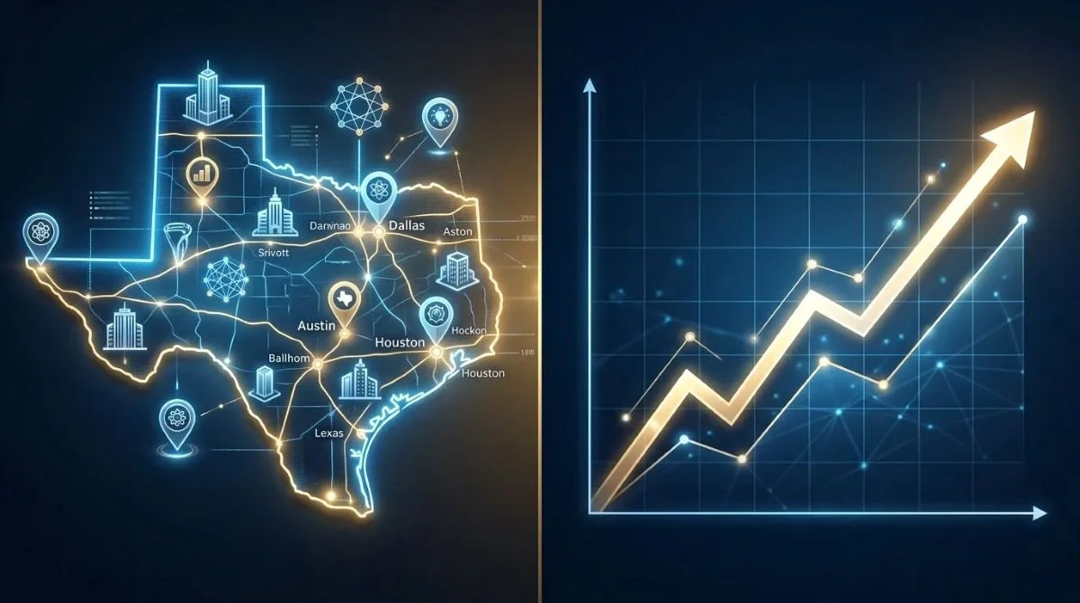 A digital map of Texas showing city names and icons, accompanied by a line graph with an upward trend.