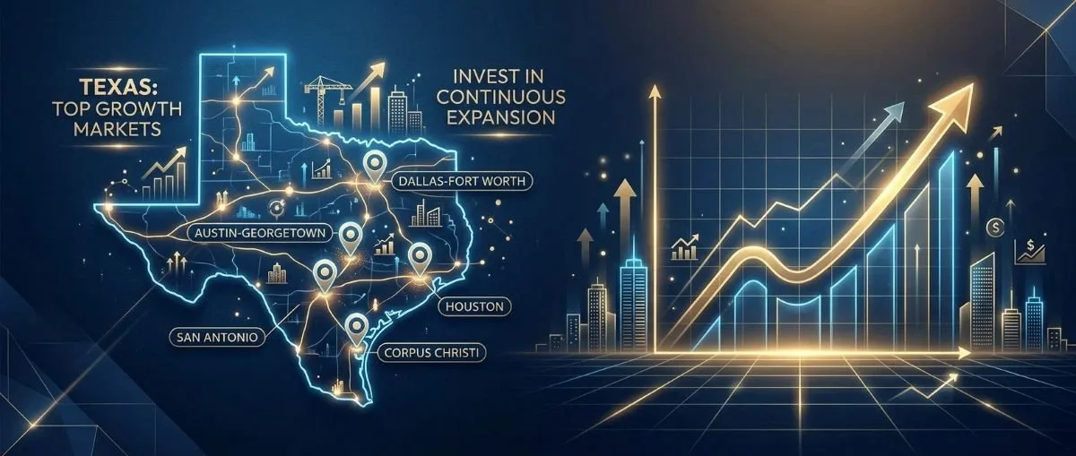 A digital map of Texas showing top growth markets such as Dallas-Fort Worth, Austin-Georgetown, San Antonio, Houston, and Corpus Christi, with economic growth graphics and an upward trending financial chart.
