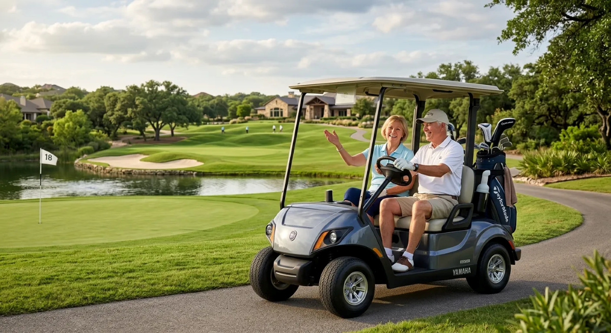 Two people smiling and waving while riding in a golf cart on a golf course with lush green grass, water hazards, trees, and houses in the background.