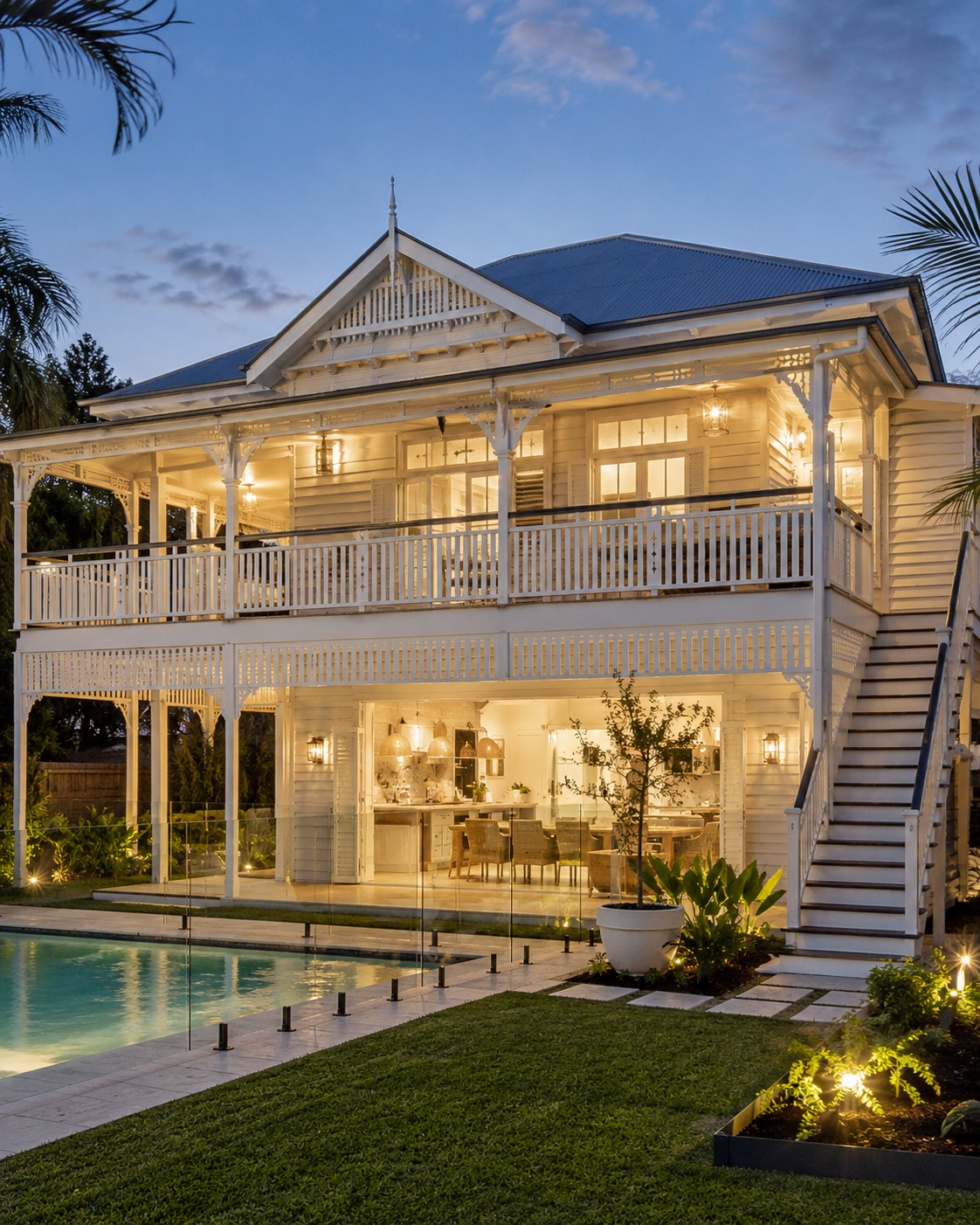 A two-story house renovation with a wraparound deck and staircase. In ground pool and landscaping.