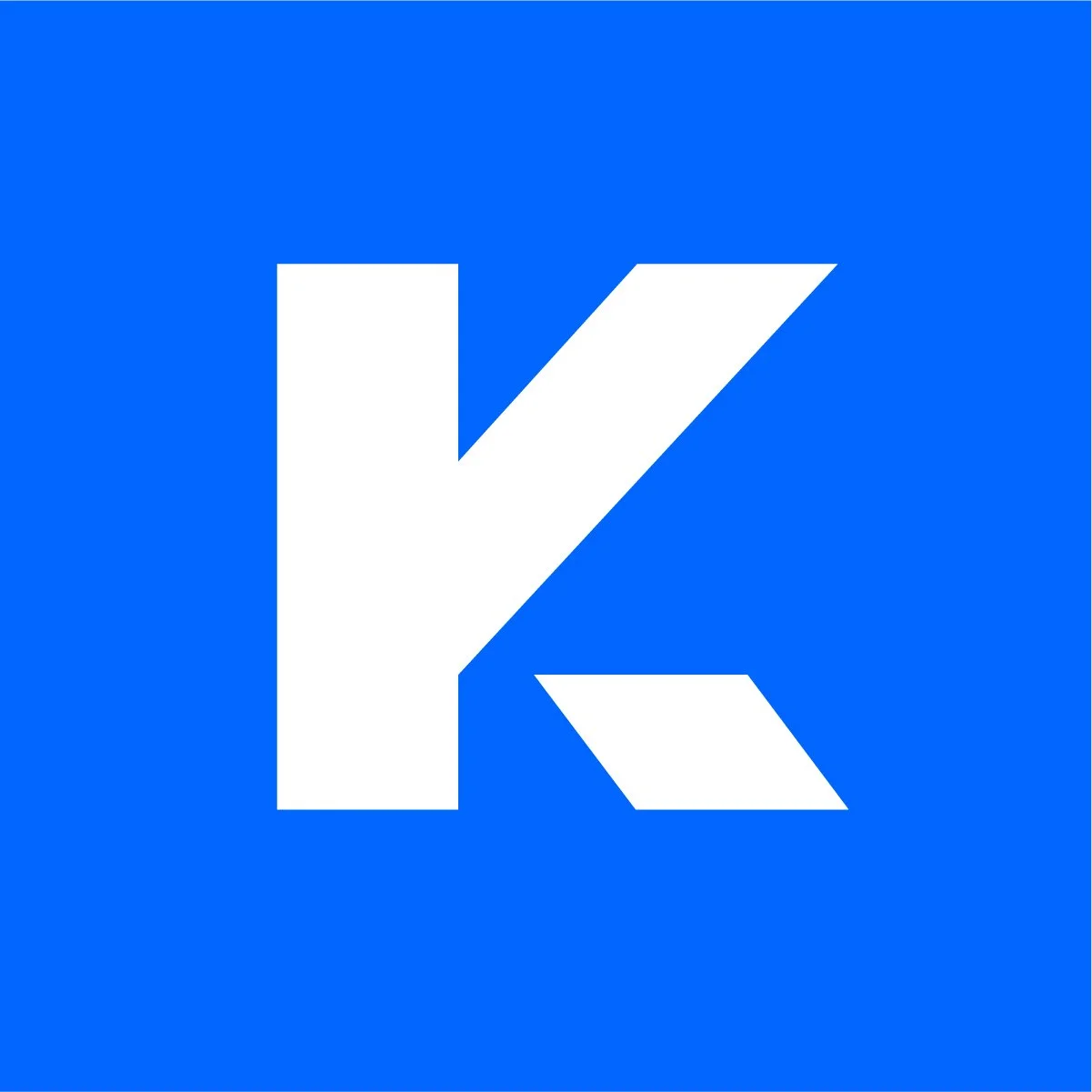 White stylized letter K on a blue background.