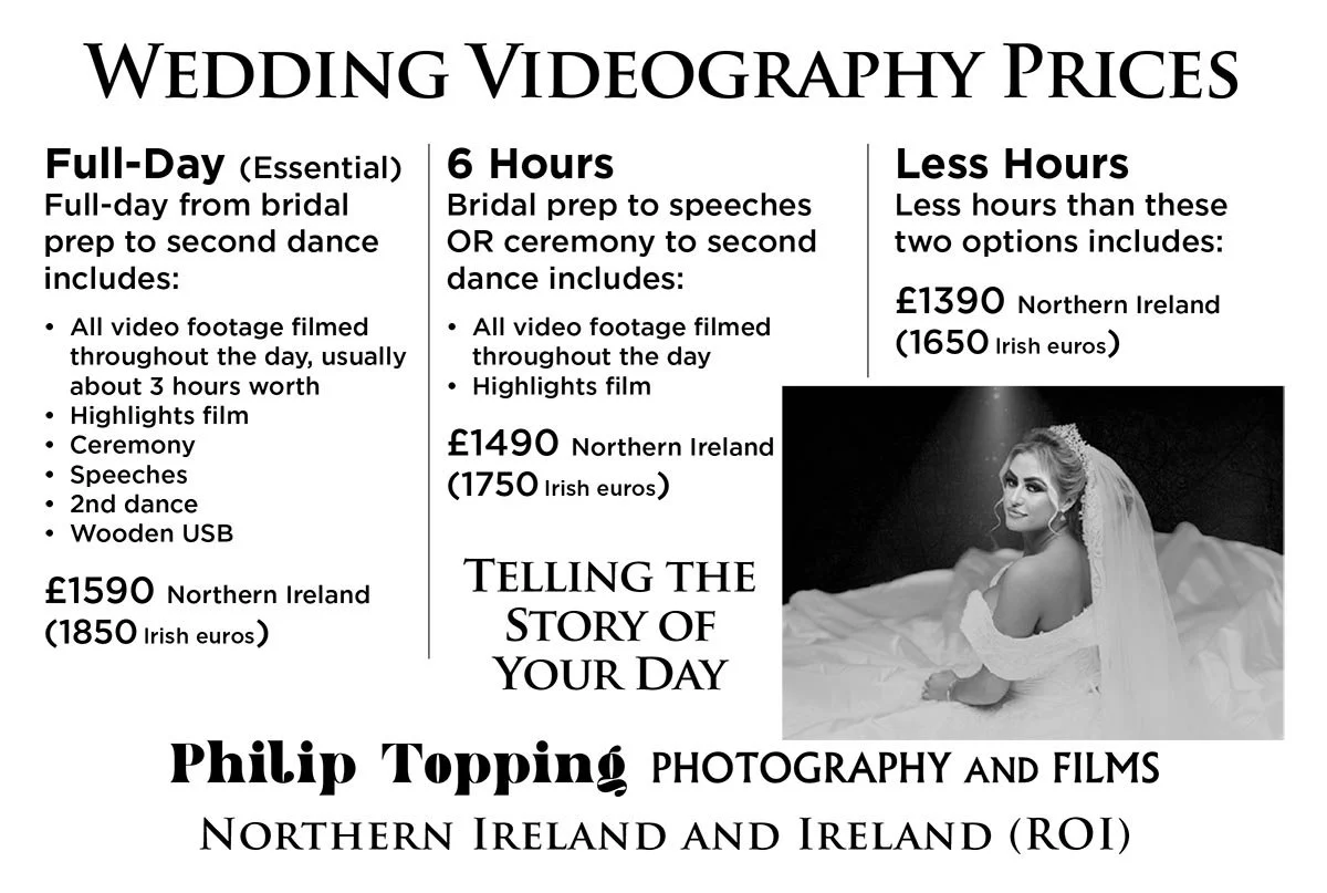 Easy-to-read summary of wedding video prices.