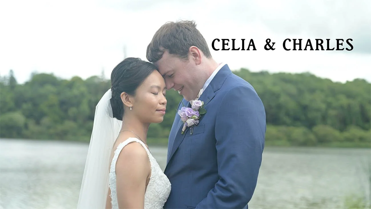 Castle Leslie wedding with bride and grooms heading touching beside the lake.