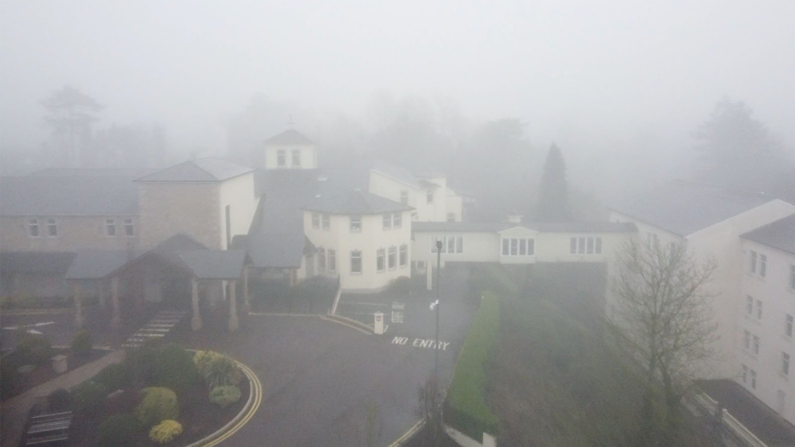  Glenavon Hotel filmed with a drone from outside on a foggy morning. 