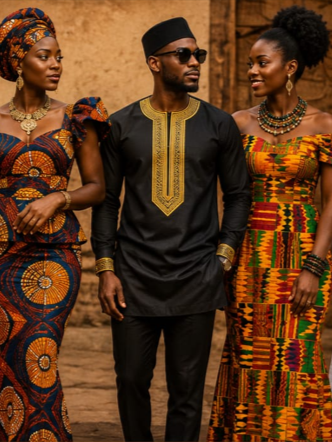 Three people dressed in traditional African attire, standing against a rustic background. The man in the center wears a black outfit with gold embroidery, sunglasses, and a hat. The women on either side wear colorful, patterned dresses and jewelry.