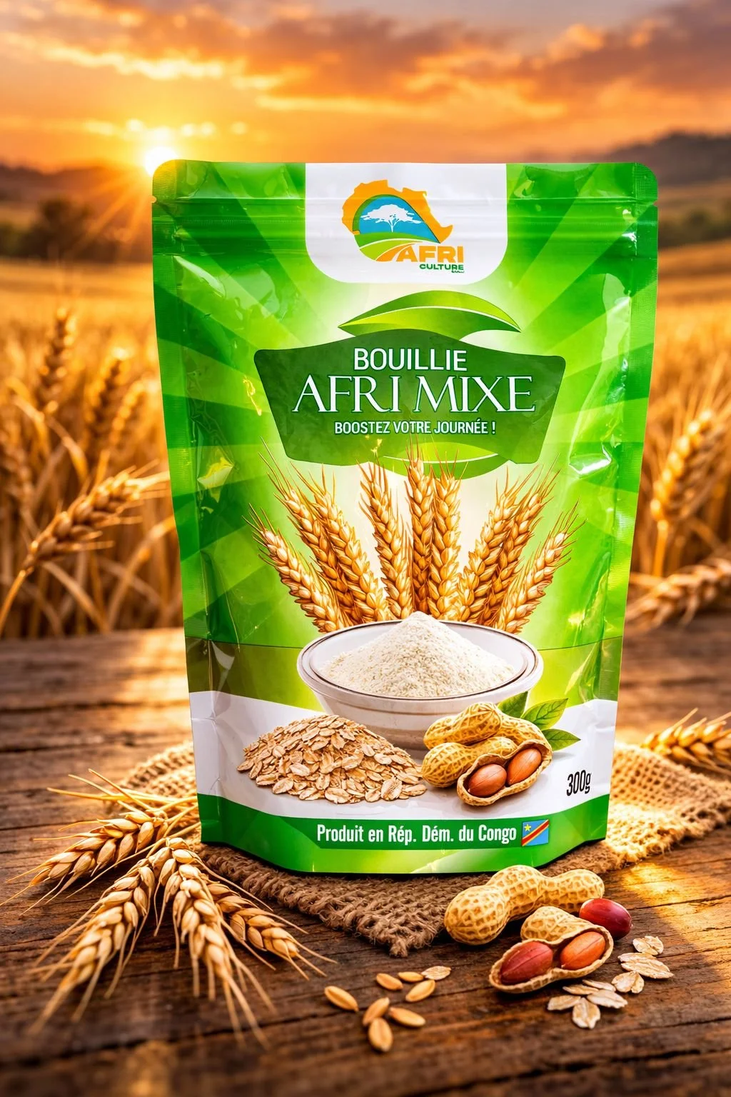 A green package of Afrimix millet flour with an illustration of millet stalks and a bowl of flour, placed on a rustic wooden surface with millet grains and peanuts around it, set against a field at sunset.