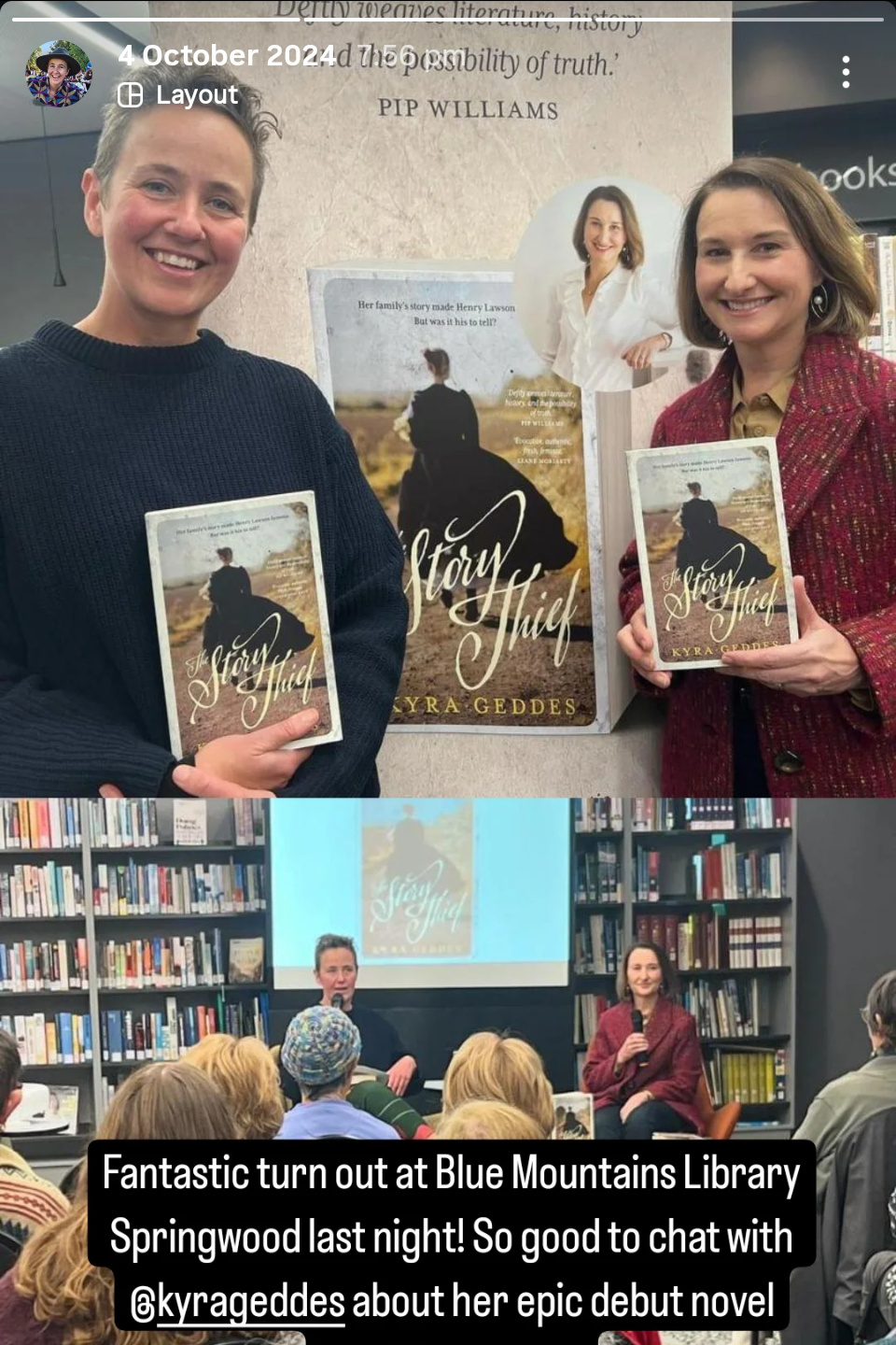 Two women at a book launch event holding copies of the novel "A Story Thief" by Kyra Geddes, standing in front of a poster of the book. The event is at Blue Mountains Library in Springwood, with an audience and a presentation screen featuring the boo