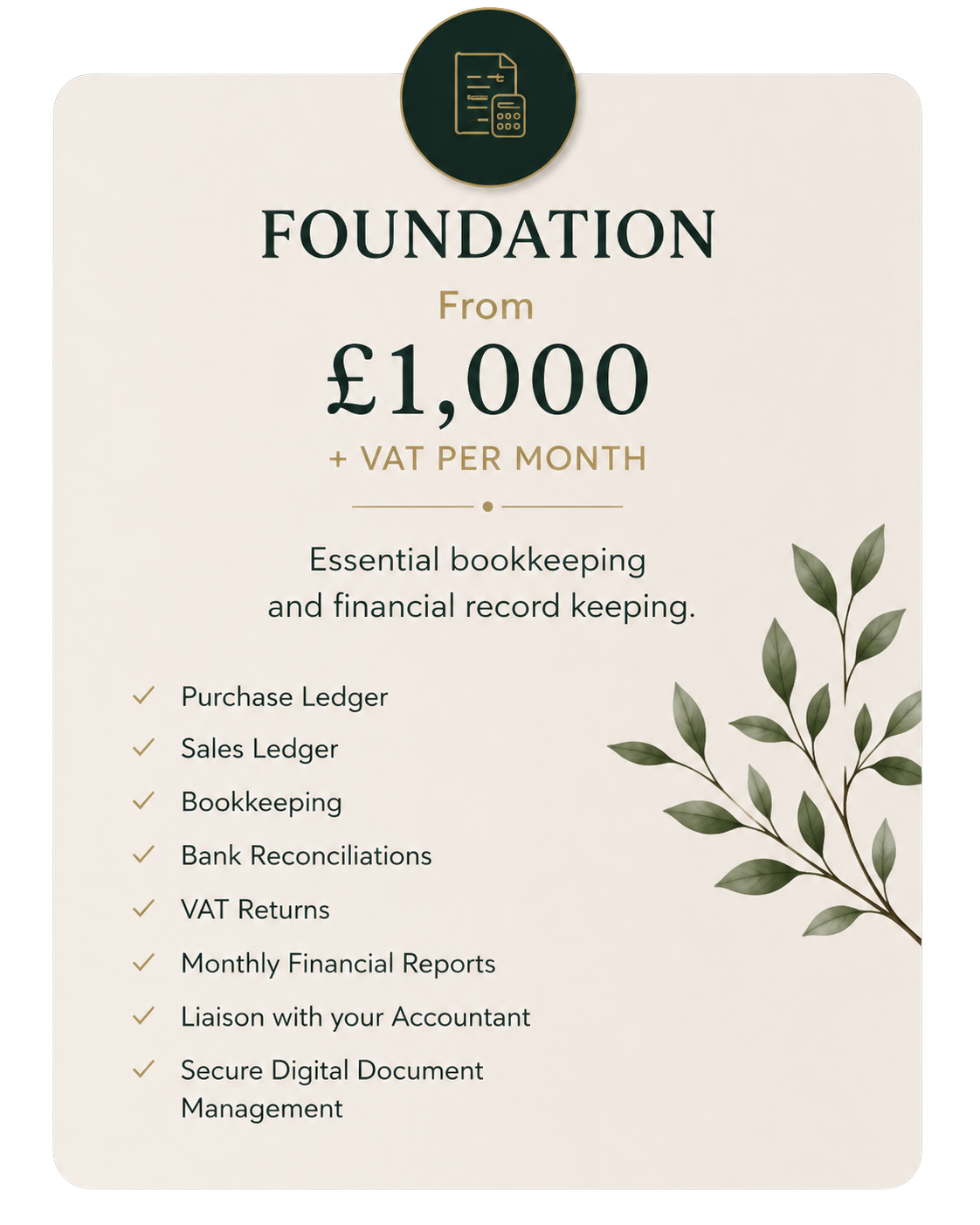 Crow Finance Foundation package: bookkeeping, financial record keeping, bank reconciliations, VAT returns and reporting, from £1,000 plus VAT per month.