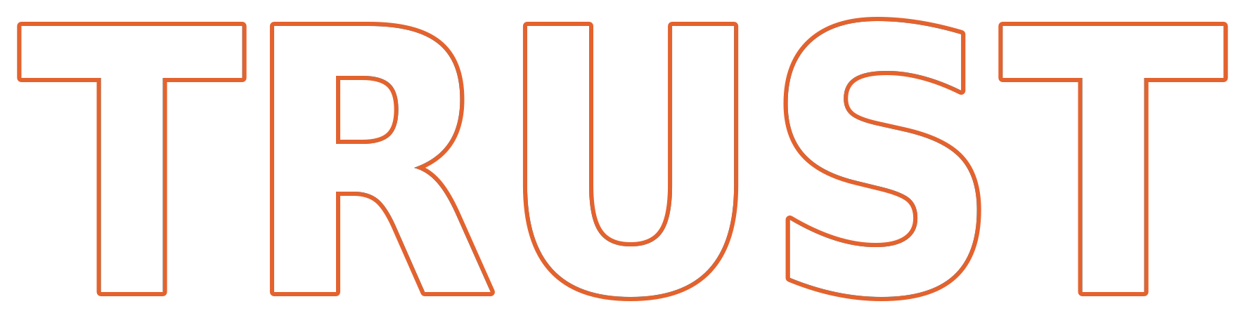 The word "TRUST" written in large block letters with a black fill and an orange outline.