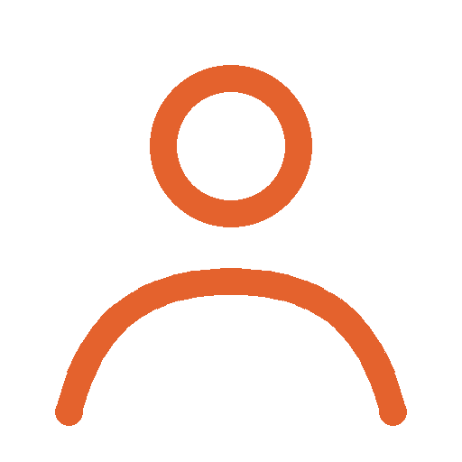Icon of a person with a circular head and semi-circular shoulders, black outline, orange accents.