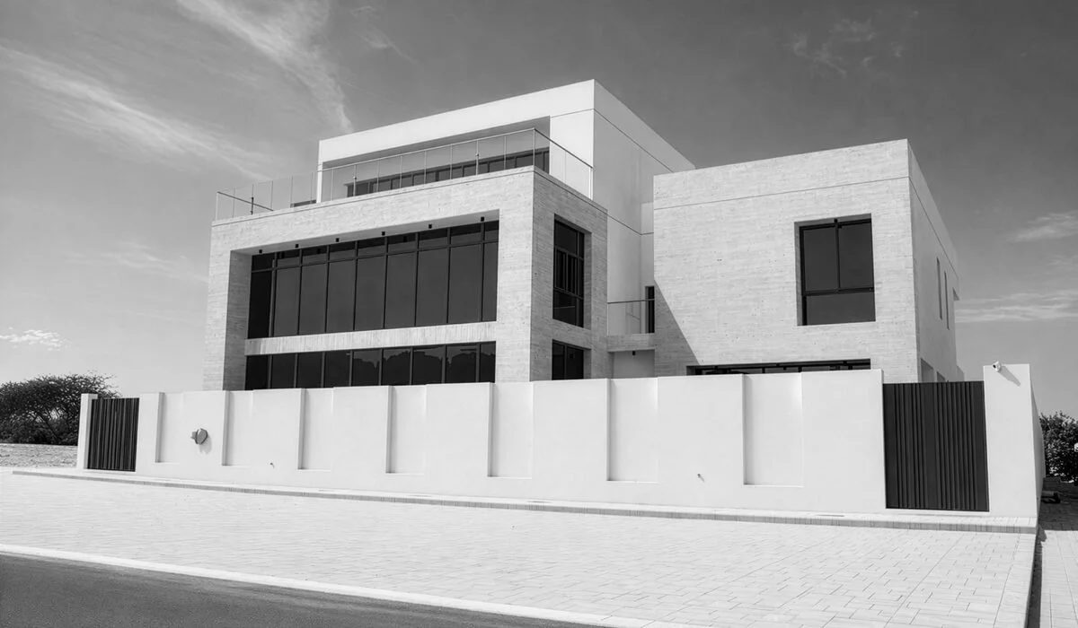 Modern multi-story house with large windows, white exterior, surrounded by a high white fence, under a partly cloudy sky.