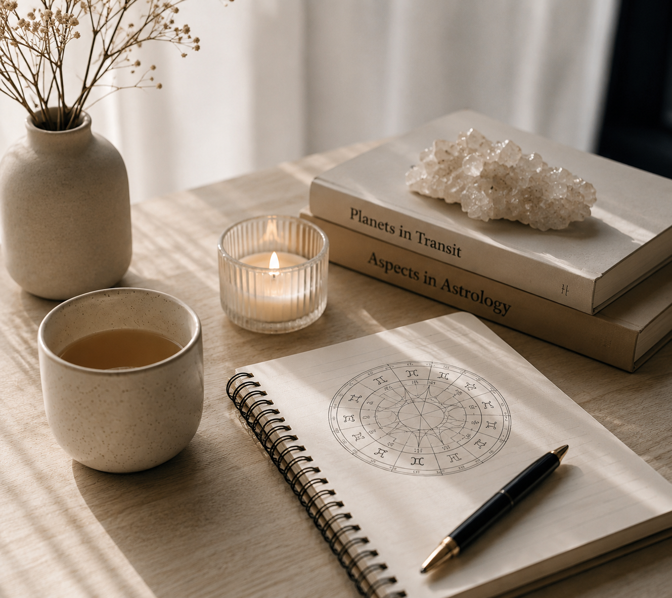 A wooden table with a vase of dried flowers, a lit candle in a glass holder, a cup of tea, a spiral notebook with an astrological chart and a black pen, and two stacked books titled 'Planets in Transit' and 'Aspects in Astrology' with a large crystal on top.